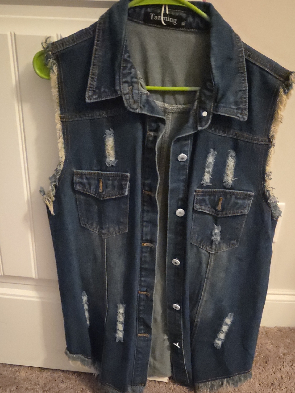 Long Distressed Dark Blue Denim Vest